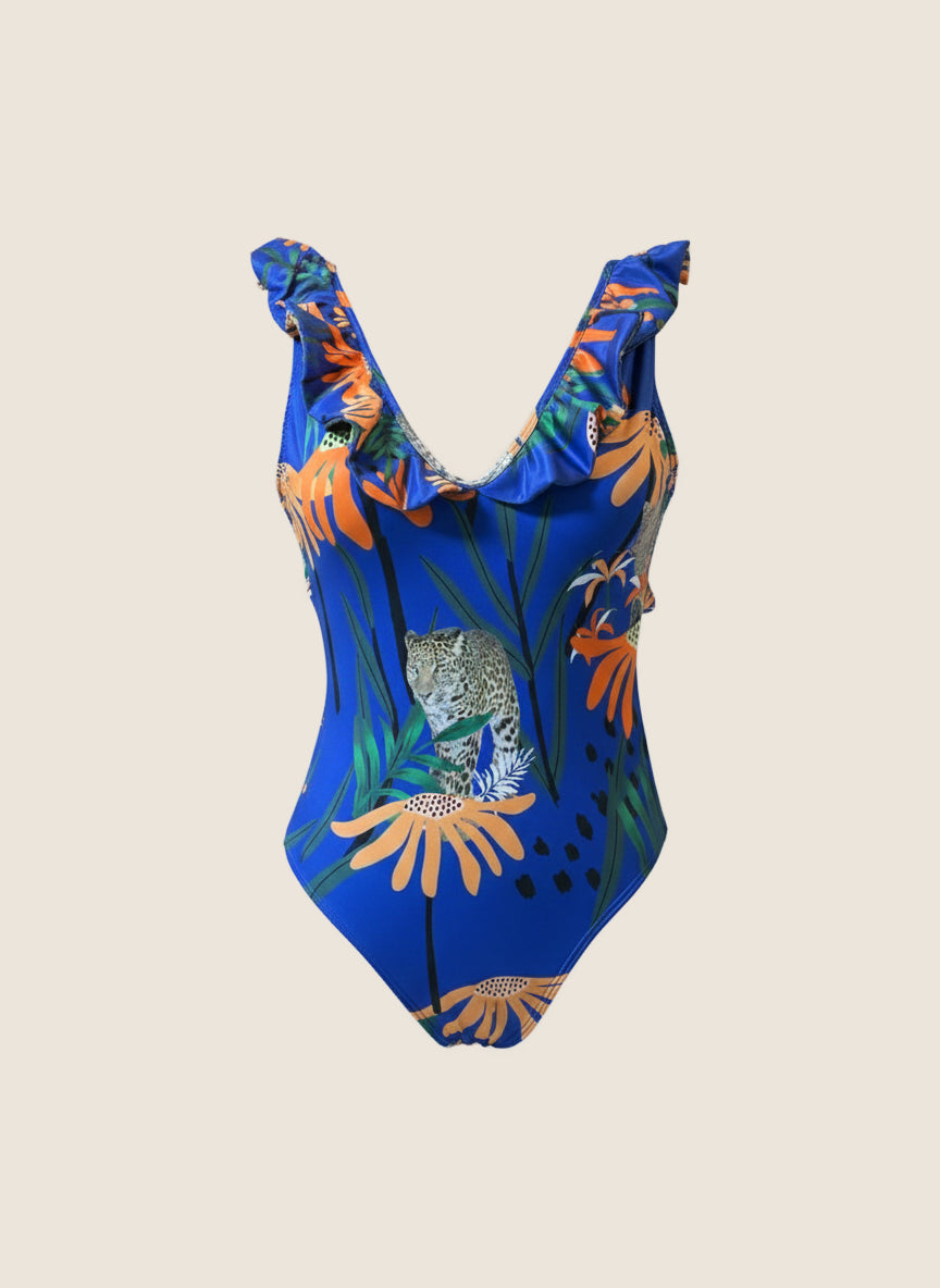 ENTERIZO ESCOTE EN V CON FARALAOS - TROPICAL AZUL