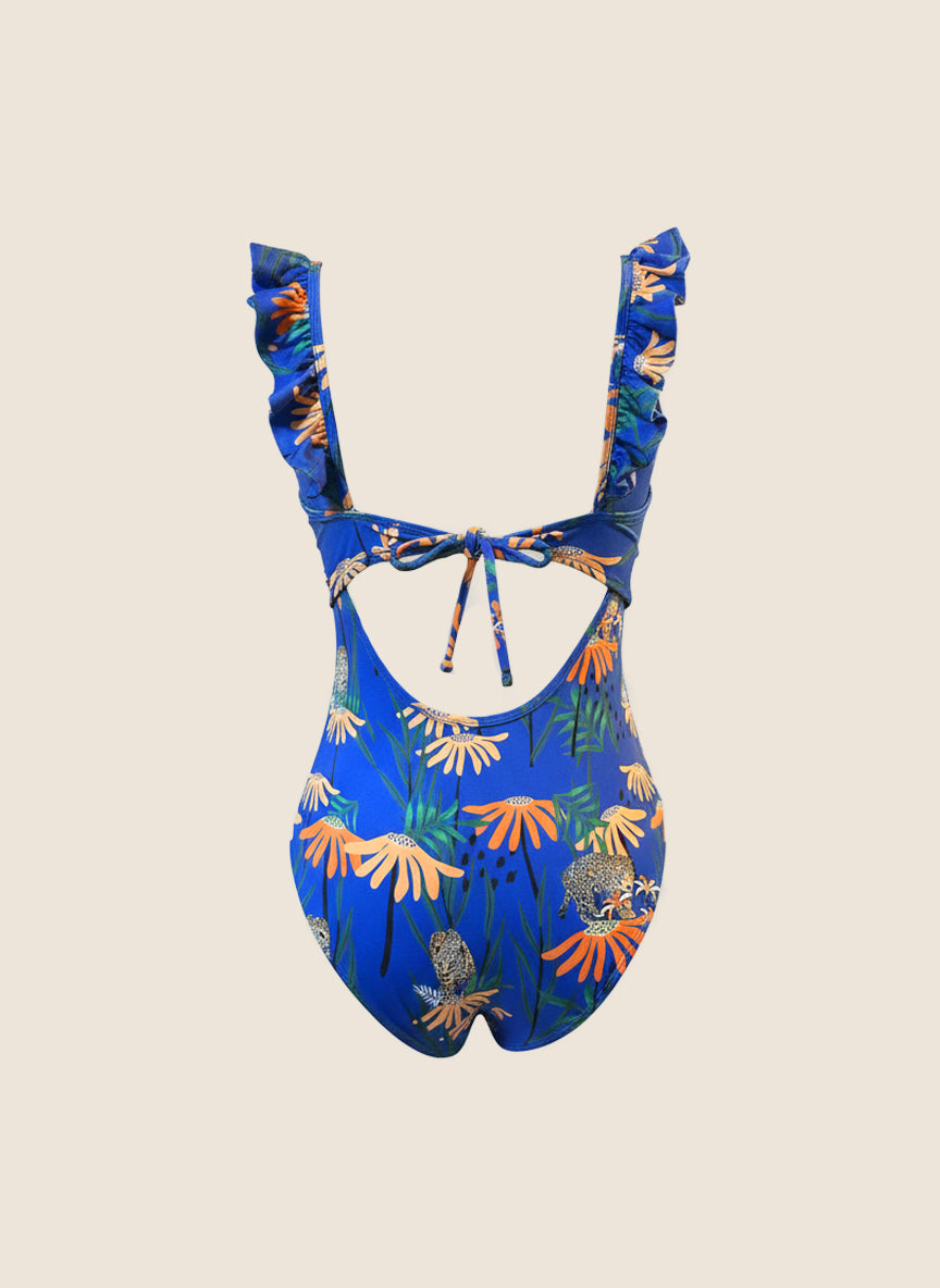 ENTERIZO ESCOTE EN V CON FARALAOS - TROPICAL AZUL