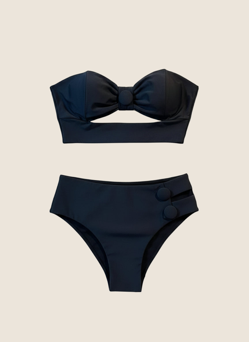 BIKINI STRAPLESS Y PANTY ALTA CON BOTONES - NEGRO