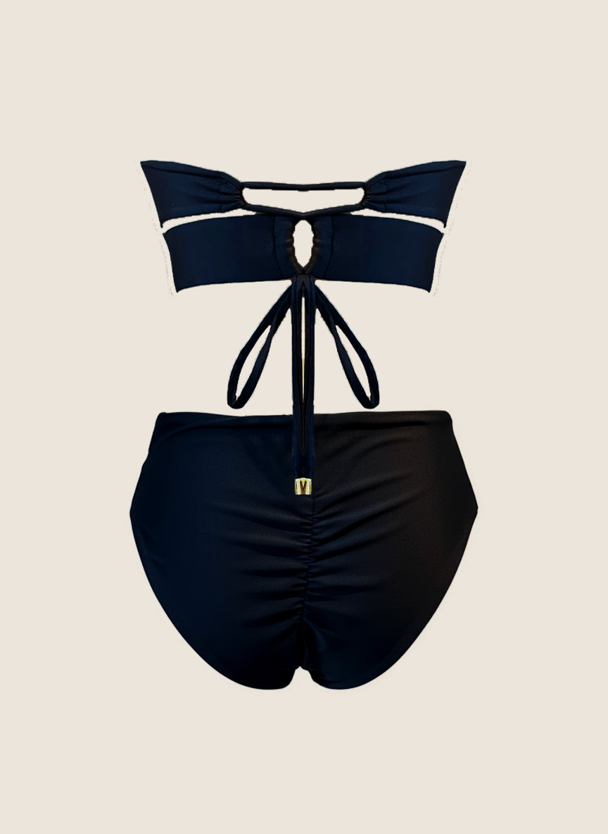 BIKINI STRAPLESS Y PANTY ALTA CON BOTONES - NEGRO