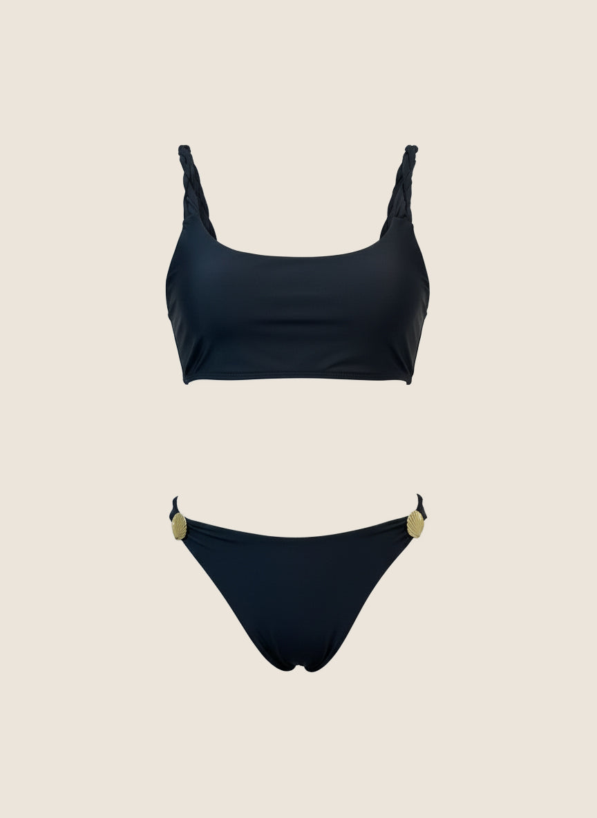 Bikini Top Recto con Tiras Trenzadas y Panty Clásica - Negro