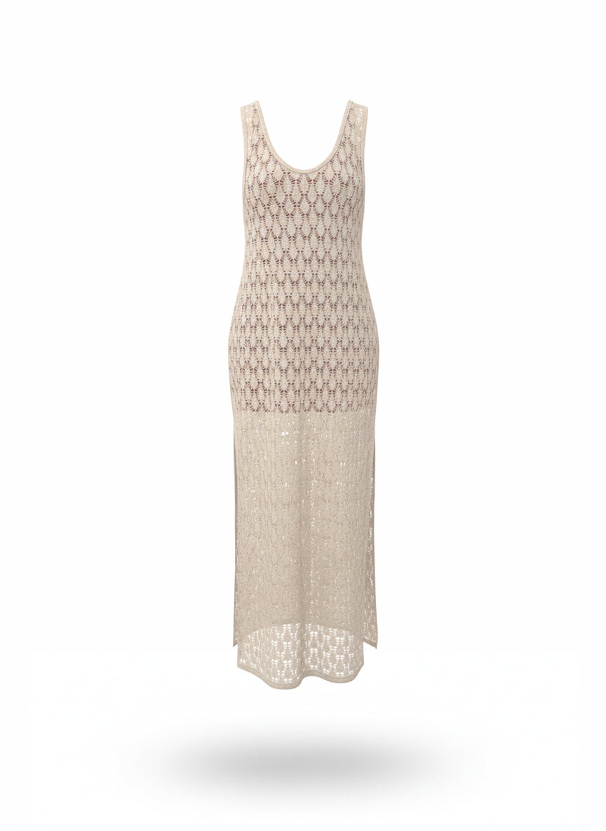 VESTIDO LARGO TEJIDO CALADO ARENA