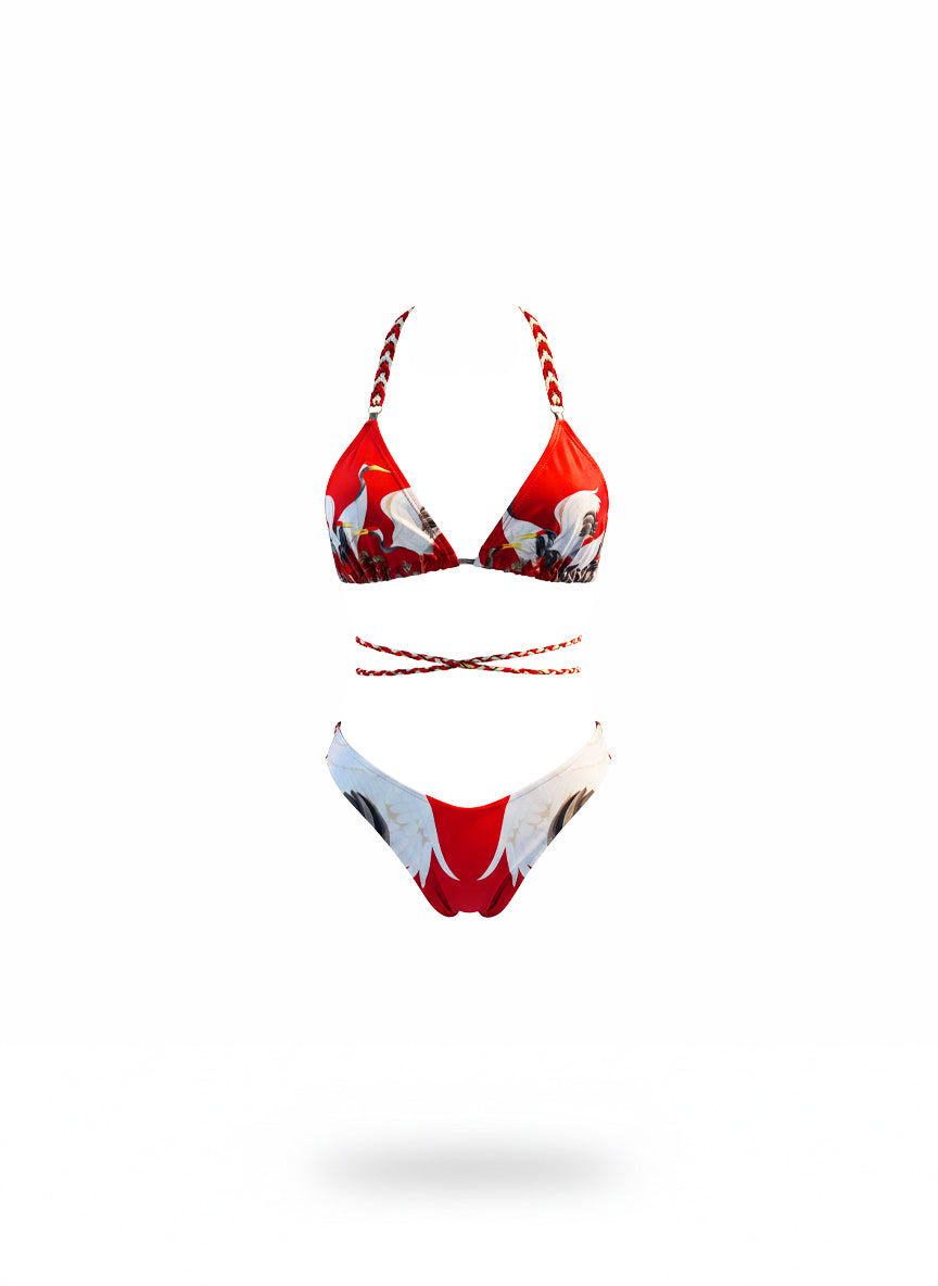 BIKINI TRIÁNGULO TRENZA LARGA - PRINT GARZA ROJA