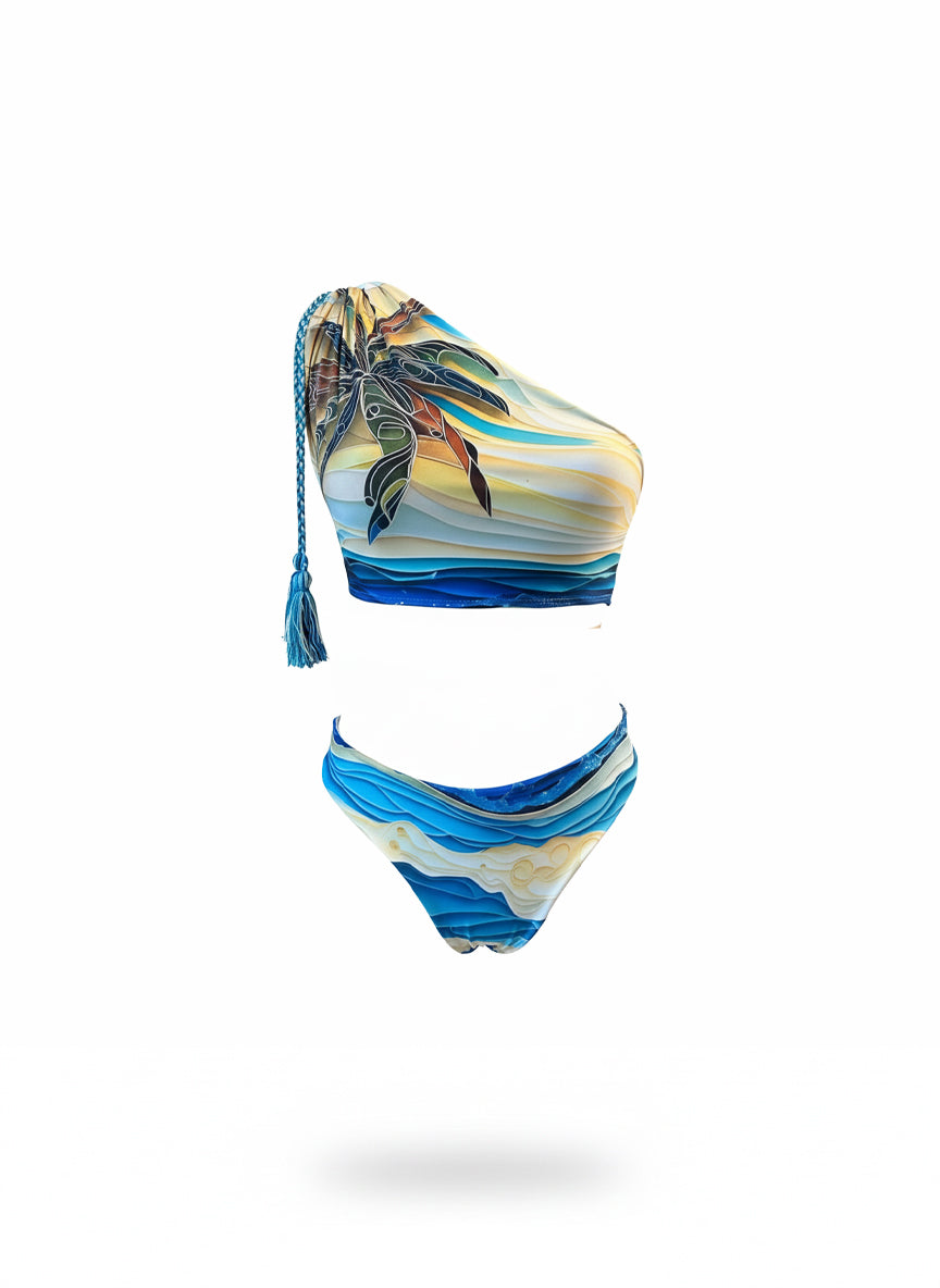 BIKINI TOP DE UN HOMBRO CON BORLA Y PANTY BÁSICA - PRINT PALMERA PLAYERA AZUL