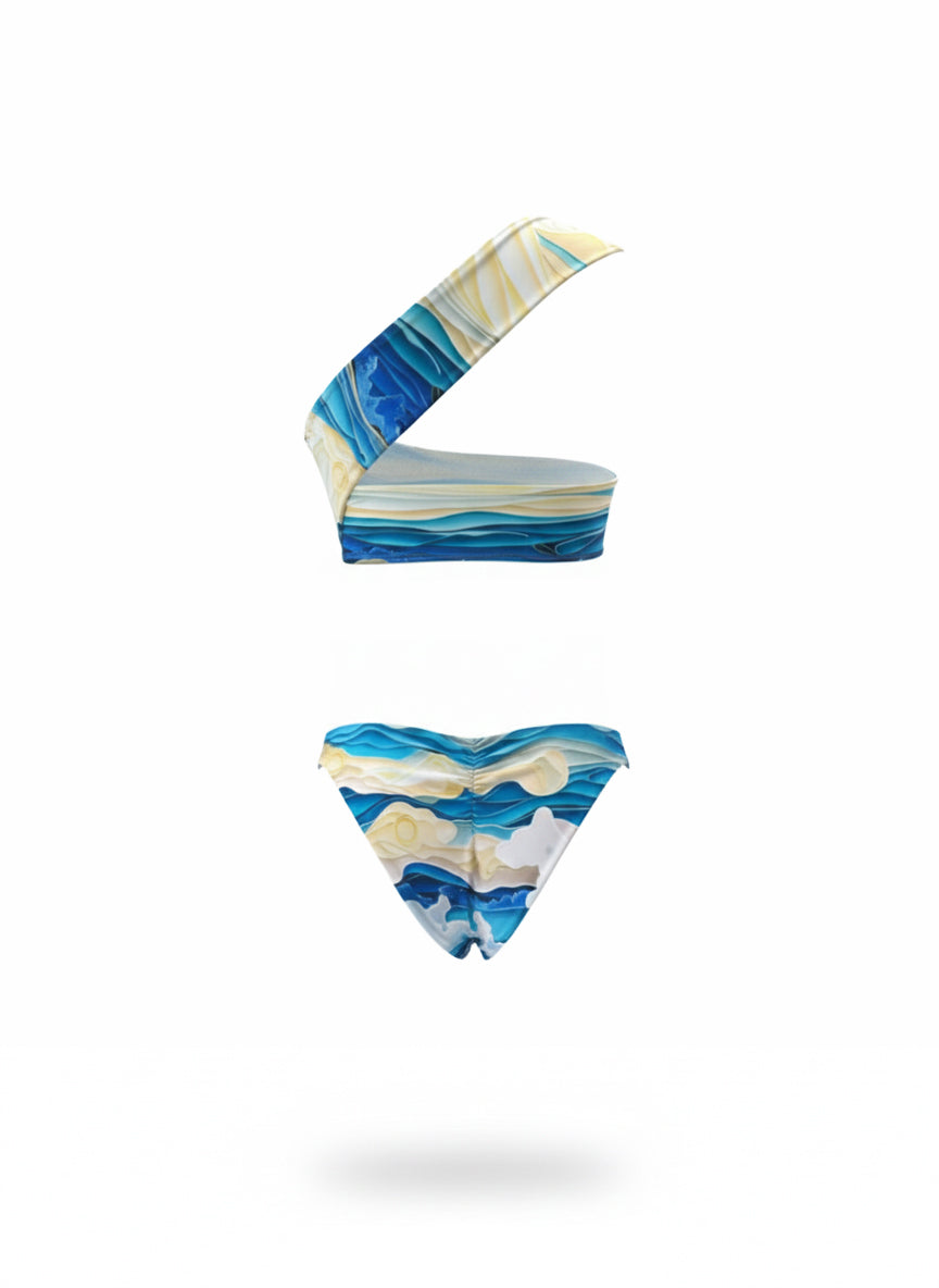 BIKINI TOP DE UN HOMBRO CON BORLA Y PANTY BÁSICA - PRINT PALMERA PLAYERA AZUL