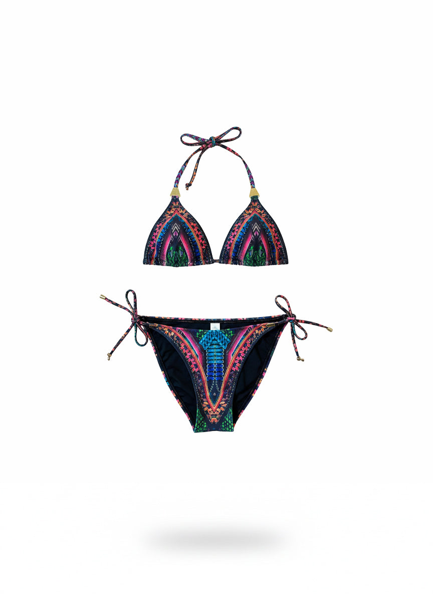 BIKINI TRIÁNGULO TRENZA CORTA - PRINT TRIBAL NEÓN