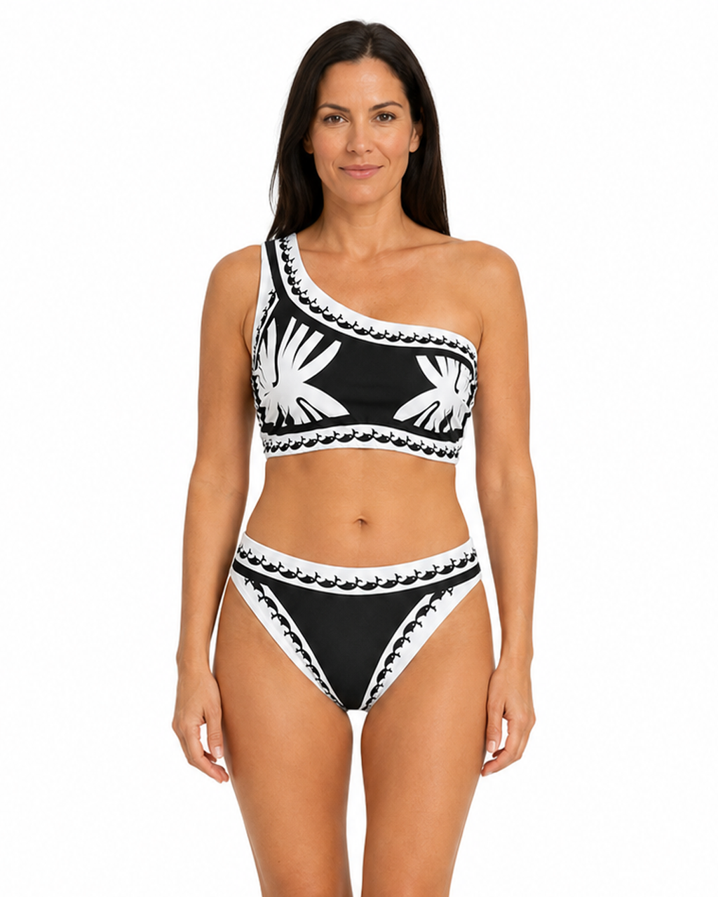 Bikini Top de Un Hombro y Panty Fina - Tribal Noir