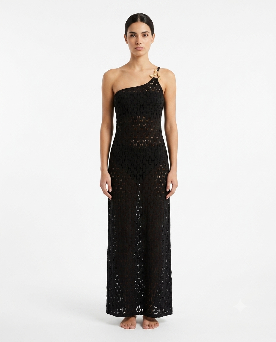 Vestido Maxi Tejido Asimétrico - Negro