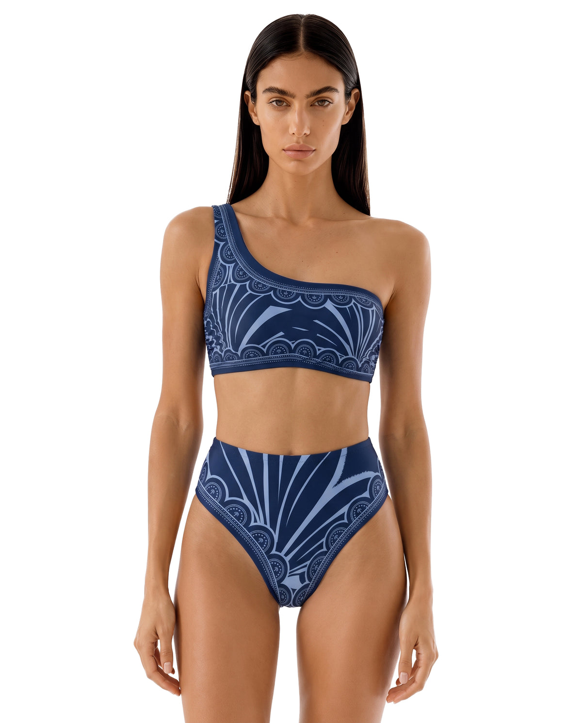 Bikini Top de Un Hombro y Panty Alta - Print Cobalto Egeo